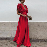 Véronique | Damen Kleid V-Ausschnitt Geraffter Ärmel Elegant Abend in Rot