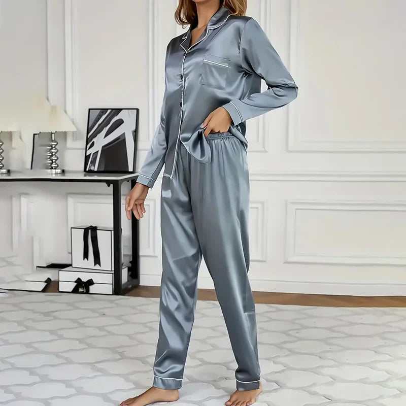 Kolja - Satin-Pyjama-Set mit Langarm-Knopf-Revers-Oberteil mit elastischer Hose für Frauen