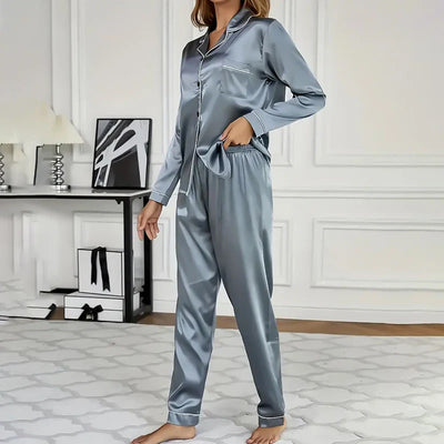Kolja - Satin-Pyjama-Set mit Langarm-Knopf-Revers-Oberteil mit elastischer Hose für Frauen
