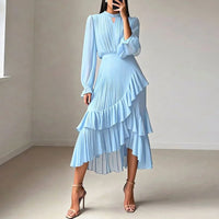 Lioren™ Kleid mit Edlem Plissee und Asymmetrischen Volants in Hellblau