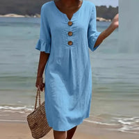 Liora™-Kleid aus Baumwollleinen mit Knöpfen Vorne und Lockerem Schnitt in Blau