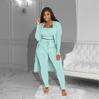 Velmira™-Set mit Kurz Geschnittenem Oberteil, eng Anliegender Hose und Locker Fallendem Cardigan in Blau