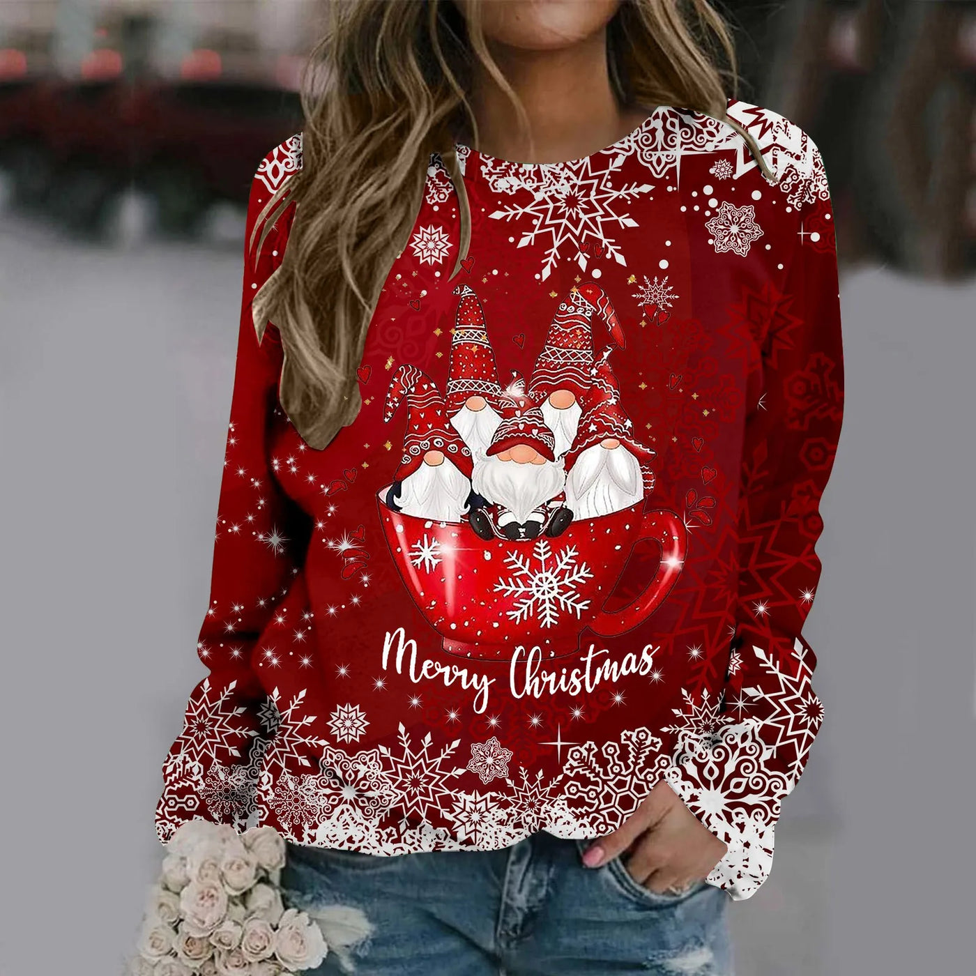 Zorana - Warmer Pullover mit Rundhalsausschnitt und Frohe Weihnachten Druck für Frauen