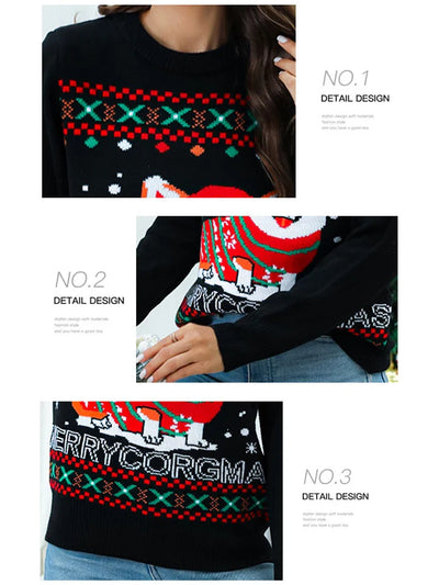 Nancy - Warmer Pullover mit Rundhalsausschnitt und weihnachtlichem Corgi Hundeaufdruck für Frauen