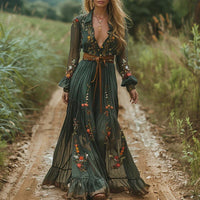 Gudrun | Damen Bohemian Maxikleid Blumenmuster Weit Fließend Romantic in Grün