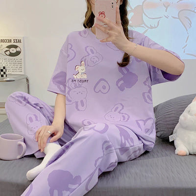 Laura - Gestricktes Baumwoll-Pyjama-Set mit Kurzarm-Shirt und Pyjama-Hose für Frauen