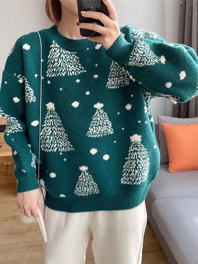 Claudine - Warmer Strickpullover mit Lockerer Passform und Weihnachtsbaum-Print für Frauen