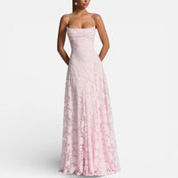 Geneviève | Damen Abendkleid Lang Spitze Spaghettiträger Elegant Festlich in Rosa