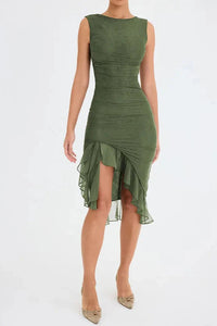 Zoey | Damen Midi Rüschenkleid Romantic Feminin Festlich Fließend in Grün