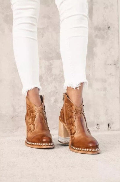 Stylische Western Vegan Leder Stiefeletten mit Print und High Heel für Damen | Ideal für das tägliche Tragen