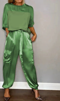 Grace | Damen Satin Set Luxuriös Fließend Elegant Lounge Komfort in Grün