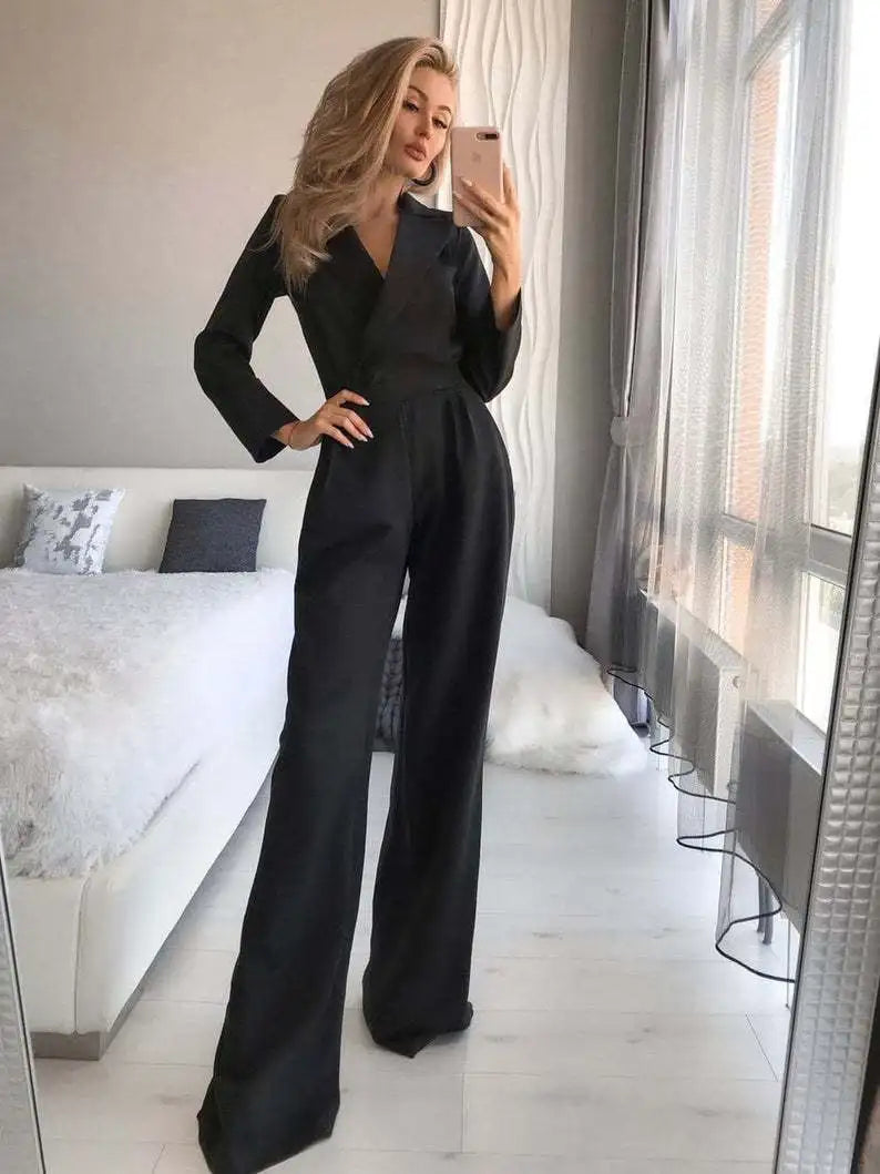 Damen Sommer-Jumpsuit mit langen Ärmeln und V-Ausschnitt
