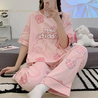 Laura - Gestricktes Baumwoll-Pyjama-Set mit Kurzarm-Shirt und Pyjama-Hose für Frauen
