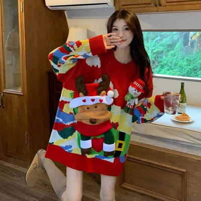 Lisa - Übergroßer Strickpullover mit Rundhalsausschnitt und Geprägtem Weihnachts-Elch-Schneemann für Frauen