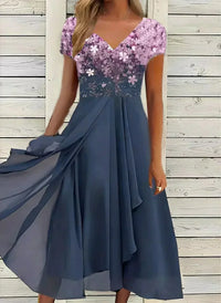 Yvonne | Damen Blumen Formkleid Fließend Kurzarm Elegant Feminin in Rosa Blau