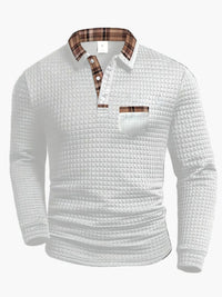 Herren-Polo mit langen Ärmeln im Casual-Stil mit kariertem Kragen, ideal für einen modernen und eleganten Look in Weiß