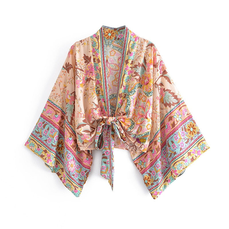 Fudus | Boho Blumen Print Kurzer Kimono
