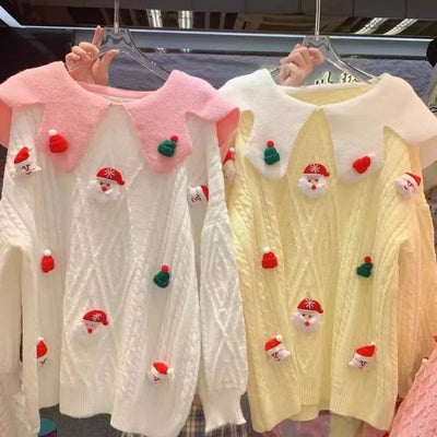 Hannes - Warmer Strickpullover mit Pop-Ausschnitt und Gehäkelten Weihnachtsfiguren für Frauen