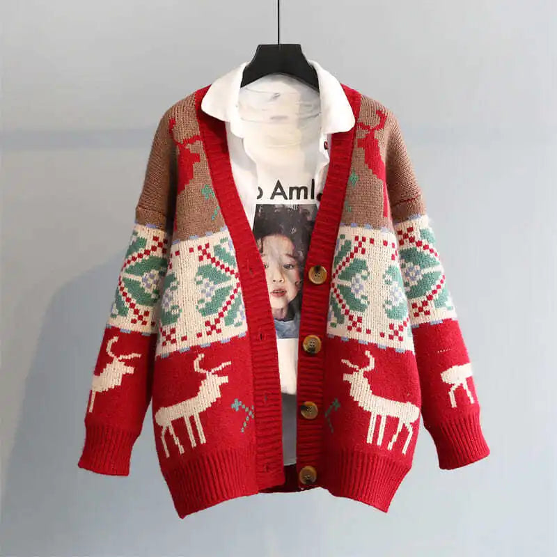 Larissa - Warme Strickjacke mit Knopfverschluss und Weihnachtsaufdruck für Frauen