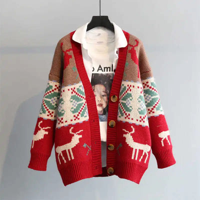Larissa - Warme Strickjacke mit Knopfverschluss und Weihnachtsaufdruck für Frauen