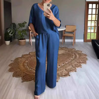Marevielle™ Set Aus Satinartigem Stoff Mit Lockerer Bluse und Fließender Pantalonhose in Blau