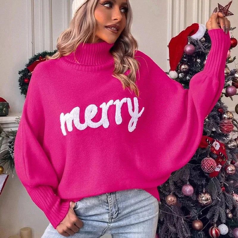 Ines - Fledermausärmel-Strickpullover mit Rollkragen und Geprägtem "Merry“ Schriftzug für Frauen