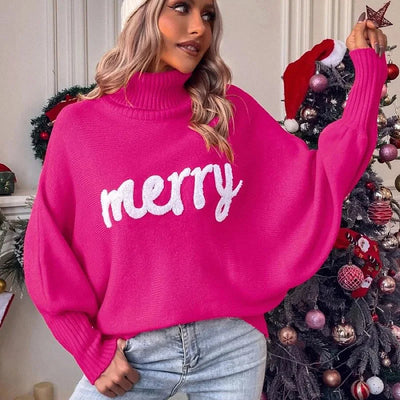 Ines - Fledermausärmel-Strickpullover mit Rollkragen und Geprägtem "Merry“ Schriftzug für Frauen