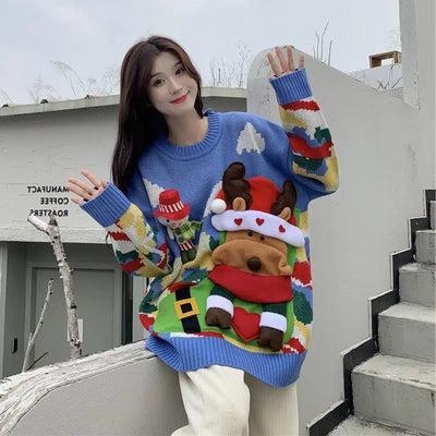 Lisa - Übergroßer Strickpullover mit Rundhalsausschnitt und Geprägtem Weihnachts-Elch-Schneemann für Frauen