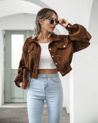 Sofia | Damen Cropped Jacke mit Taschen und Knöpfen in Kastanienbraun
