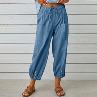 Kobe™ Baumwoll-Leinen-Hose mit Fronttaschen und verstellbarem Kordelzug in Blau