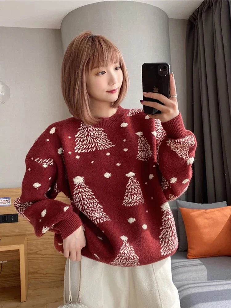 Claudine - Warmer Strickpullover mit Lockerer Passform und Weihnachtsbaum-Print für Frauen