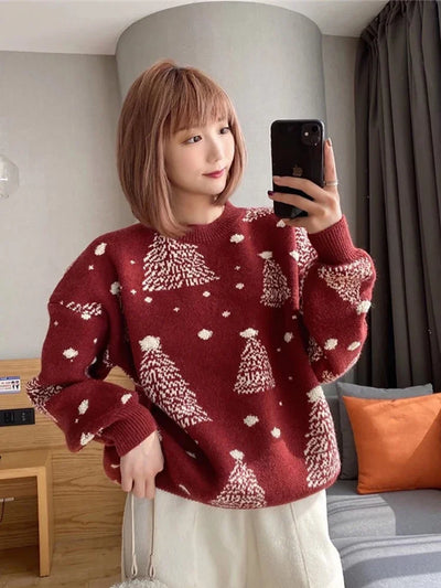 Claudine - Warmer Strickpullover mit Lockerer Passform und Weihnachtsbaum-Print für Frauen