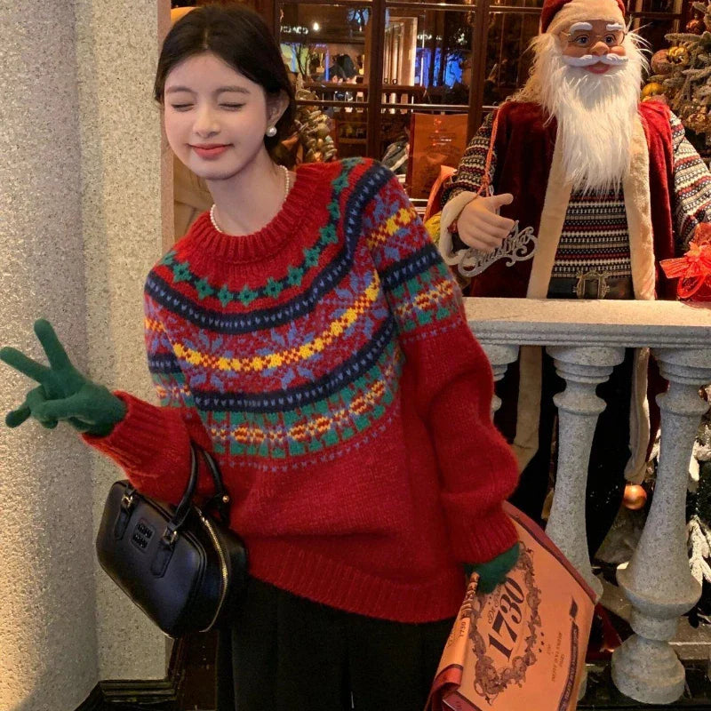 Megan - Jacquard-Strickpullover mit Rundhalsausschnitt und Weihnachtsmuster für Frauen