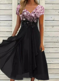 Yvonne | Damen Blumen Formkleid Fließend Kurzarm Elegant Feminin in Rosa Schwarz