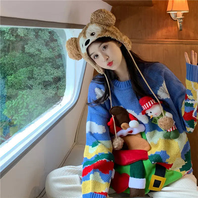 Lisa - Übergroßer Strickpullover mit Rundhalsausschnitt und Geprägtem Weihnachts-Elch-Schneemann für Frauen
