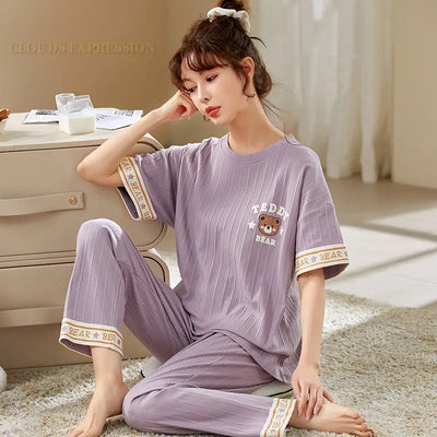 Laura - Gestricktes Baumwoll-Pyjama-Set mit Kurzarm-Shirt und Pyjama-Hose für Frauen