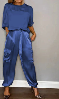 Grace | Damen Satin Set Luxuriös Fließend Elegant Lounge Komfort in Blau