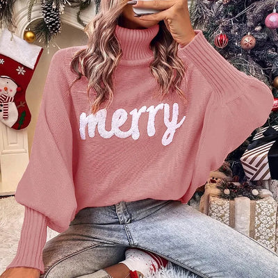 Ines - Fledermausärmel-Strickpullover mit Rollkragen und Geprägtem "Merry“ Schriftzug für Frauen