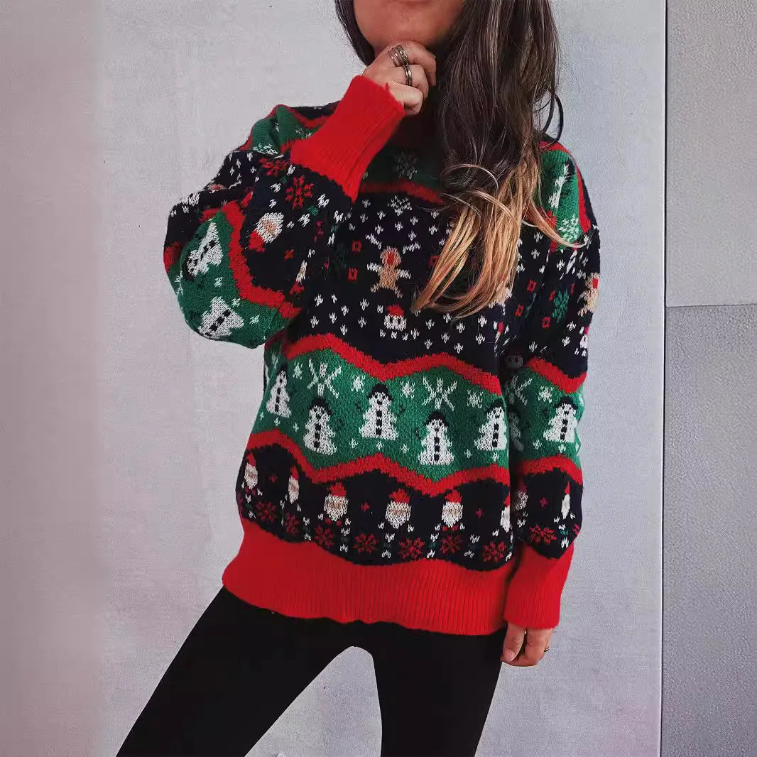 Teresa - Übergroßer Strickpullover mit Rundhalsausschnitt und Weihnachtsprint für Frauen