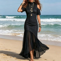 Montclair™ Maxikleid aus Premium-Denim mit Schulterfreien Ärmeln und Fließendem Transparentem Rock in Schwarz