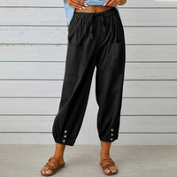 Kobe™ Baumwoll-Leinen-Hose mit Fronttaschen und verstellbarem Kordelzug in Schwarz