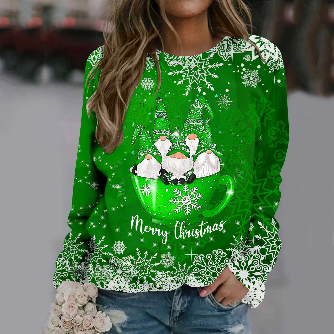 Zorana - Warmer Pullover mit Rundhalsausschnitt und Frohe Weihnachten Druck für Frauen