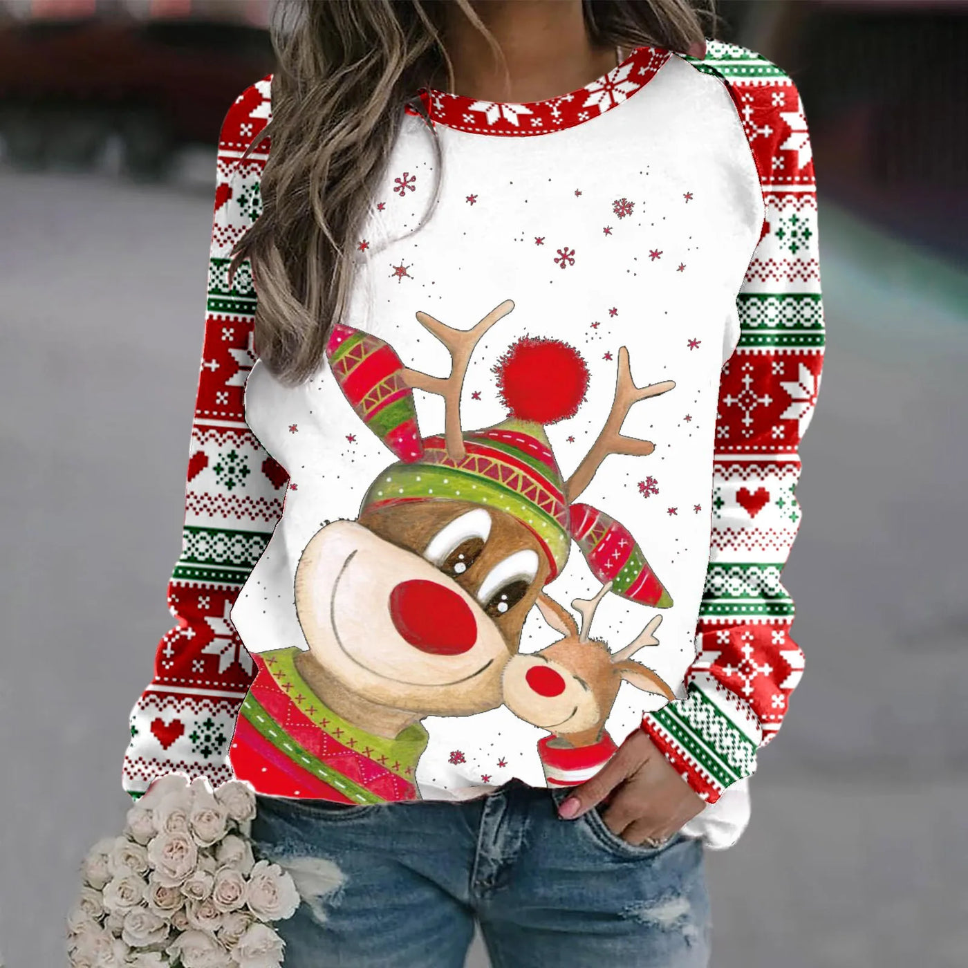 Romina - Warmer Pullover mit Rundhalsausschnitt und 3D Gedrucktem Weihnachts-Rentier für Frauen