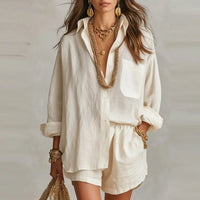 Bellmare™ Set Aus Baumwoll-Leinen Mit Weiter Bluse Und Eleganten Shorts in Apricot