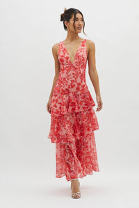 Ladelin | Damen Rüschen Maxikleid Romantic Fließend Festlich Sommer in Rot