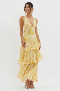 Ladelin | Damen Rüschen Maxikleid Romantic Fließend Festlich Sommer in Gelb
