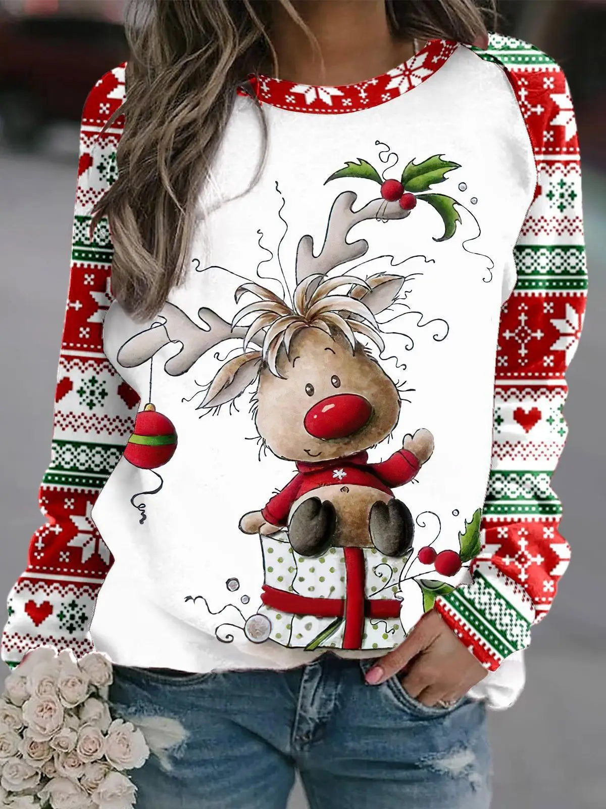 Romina - Warmer Pullover mit Rundhalsausschnitt und 3D Gedrucktem Weihnachts-Rentier für Frauen