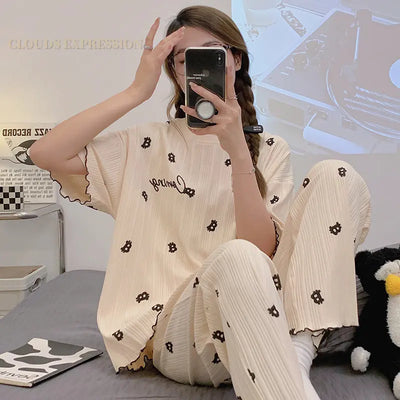 Laura - Gestricktes Baumwoll-Pyjama-Set mit Kurzarm-Shirt und Pyjama-Hose für Frauen