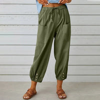 Kobe™ Baumwoll-Leinen-Hose mit Fronttaschen und verstellbarem Kordelzug in Grün
