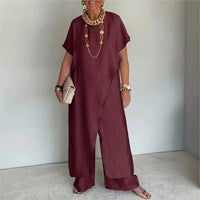 Aurenya™ Set Mit Asymmetrischer Tunika und Fließender Pantalonhose in Bordeauxrot
